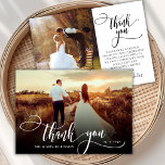 Stilvolle Calligraphie 2 Foto Wedding Dankeschön K Dankeskarte<br><div class="desc">Elegante moderne Boho Chic Kalligraphie Hochzeit 2 Foto Dankeschön Karte. Einfach Stilvolle Hochzeitsvorlage mit einem vollen vertikalen Foto auf der Vorderseite mit dem Text "Danke" in einem skurrilen Wirblen Handschrift Schrift Schwanz Swash Schriftart weißes Overlay auf dem Bild und eine Rückseite ein (1) Foto und vorgefertigte Dankeschön-Nachricht. 2-seitige Karte mit...</div>