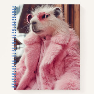 Stilvolle Capybara in rosa Pelzmatte und Sonnenbri Notizbuch