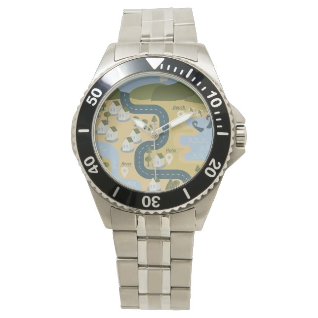 Stilvolle Cartoon Landschaft Reiseplan Armbanduhr (Vorderseite)