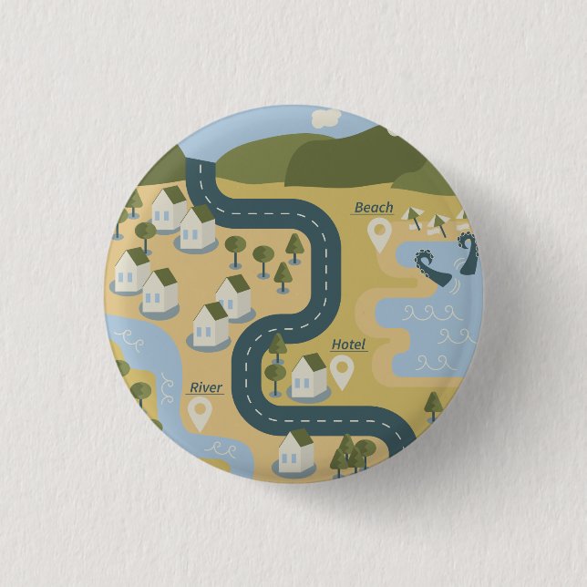 Stilvolle Cartoon Landschaft Reiseplan Button (Vorderseite)