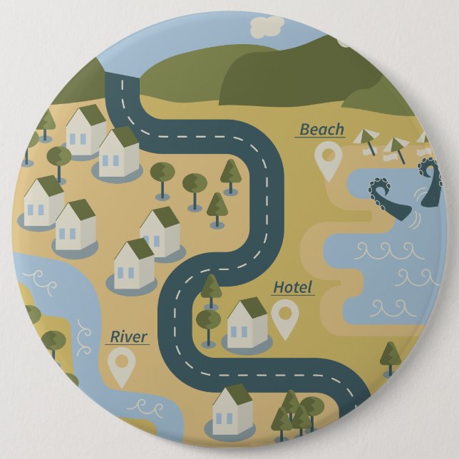 Stilvolle Cartoon Landschaft Reiseplan Button (Vorderseite)