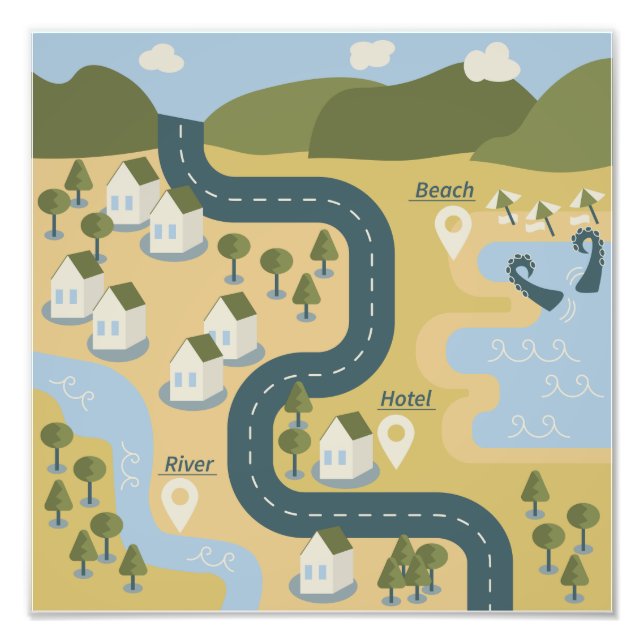 Stilvolle Cartoon Landschaft Reiseplan Fotodruck (Vorne)