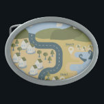 Stilvolle Cartoon Landschaft Reiseplan Ovale Gürtelschnalle<br><div class="desc">Cartoon-Karte in flachem Stil gezeichnet mit Sehenswürdigkeiten,  Bergen,  Straße,  Meer,  Fluss,  Wald und Häusern</div>