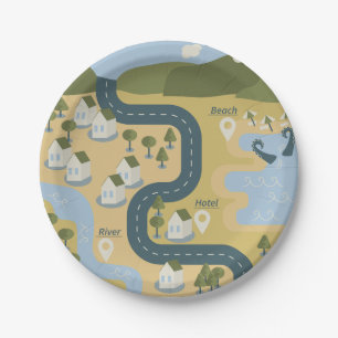 Stilvolle Cartoon Landschaft Reiseplan Pappteller