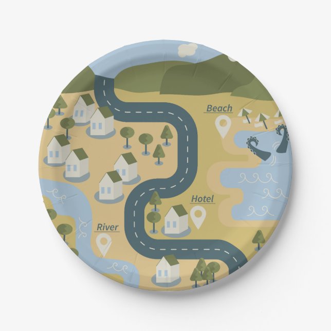 Stilvolle Cartoon Landschaft Reiseplan Pappteller (Vorderseite)