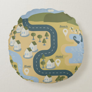 Stilvolle Cartoon Landschaft Reiseplan Rundes Kissen