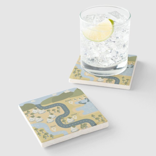 Stilvolle Cartoon Landschaft Reiseplan Steinuntersetzer (Seitenansicht)