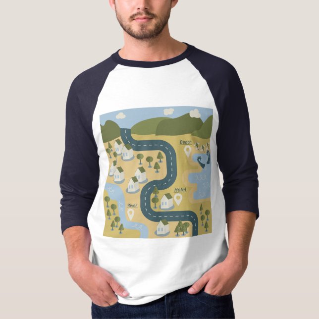 Stilvolle Cartoon Landschaft Reiseplan T-Shirt (Vorderseite)