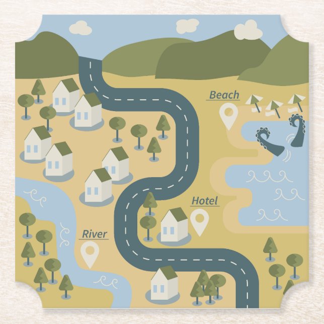 Stilvolle Cartoon Landschaft Reiseplan Untersetzer (Vorderseite)