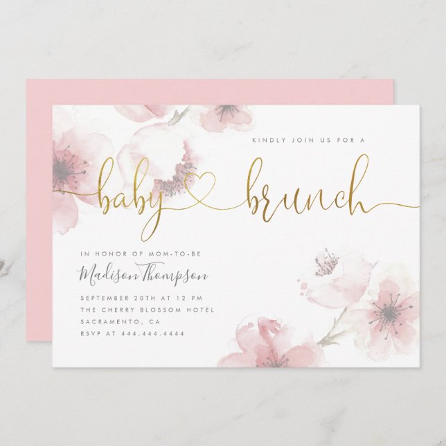 Stilvolle Cherry Blossom Gold Baby Brunch Dusche Einladung (Vorne/Hinten)
