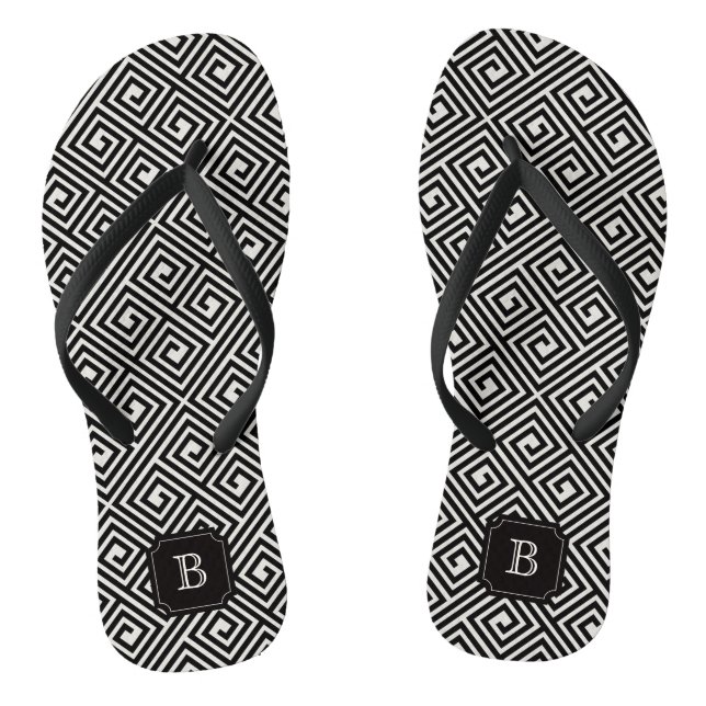 Stilvolle Chic Modern Black Ivory griechischen Key Flip Flops (Fußbett)