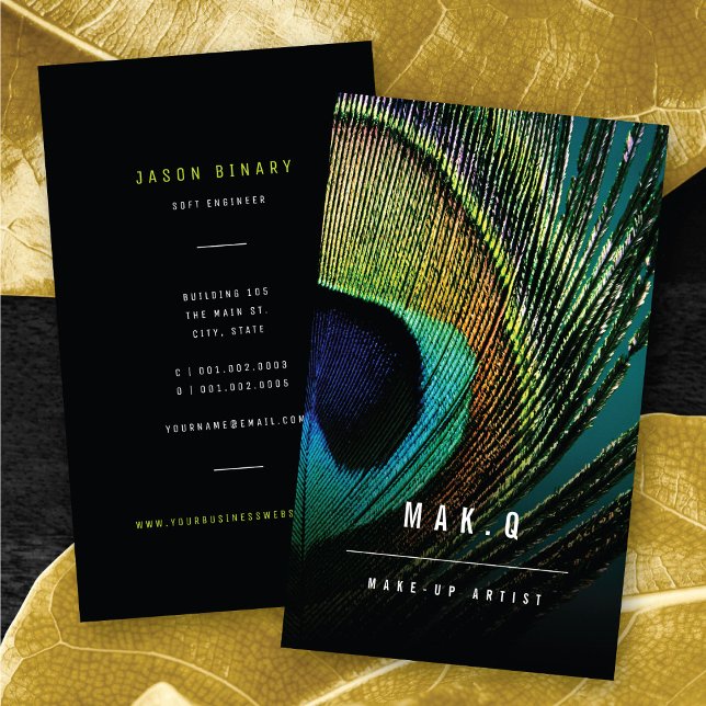 Stilvolle Chic Peacock Feather Foto Make-up Artist Visitenkarte (Stylish Chic Peacock Feather Photo Elegant Make-up Artist Business Card @ zazzle.com/color_therapy)