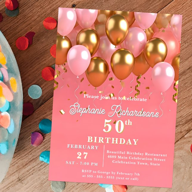 Stilvolle Chic Pink und Gold Balloons 50. Geburtst Einladung (Von Creator hochgeladen)