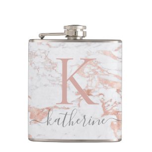 Stilvolle Chic Rose Gold Foil Marmor Monogram Flachmann