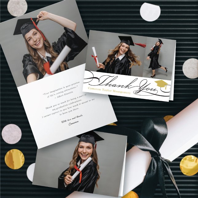 Stilvolle Chic Script Graduation Cap 2 Foto Grad Dankeskarte (Stylish Chic Script Graduation Cap 2 Photo Grad Thank You Folded Card @ zazzle.com/color_therapy)