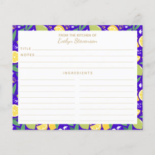 Stilvolle Citrus Lemon Botanical Blue Recipe Card
