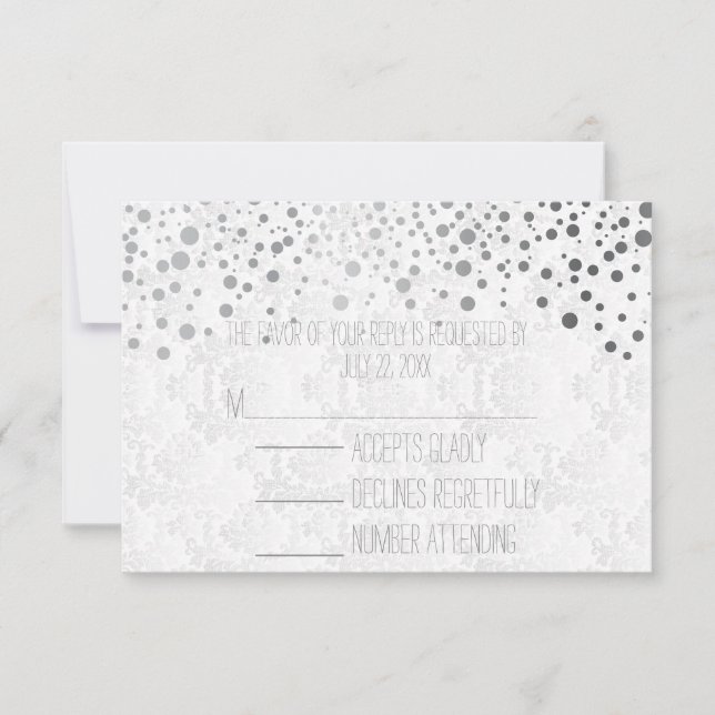 Stilvolle Confetti Silberpunkte | weiß RSVP Karte (Vorderseite)