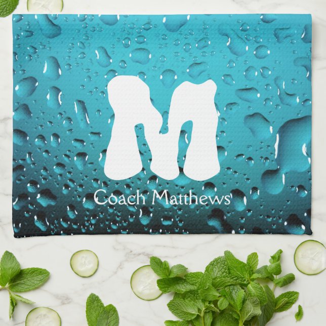 Stilvolle Coole blaue Wassertropfen Monogram Küchentuch (Gefaltet)