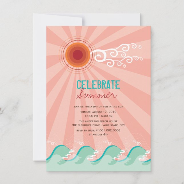 Stilvolle coole Wellenladen rosa Sun-Sommer-Party Einladung (Vorderseite)