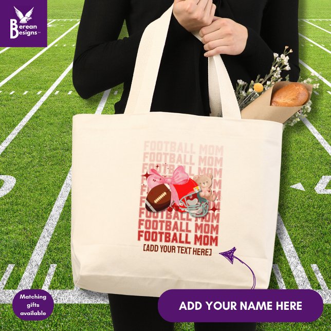 Stilvolle Coquette FOOTBALL MAMA Jumbo Stoffbeutel (Fun, stylish FOOTBALL MOM tote bag designed with coquette aesthetic and CUSTOMIZABLE TEXT.)