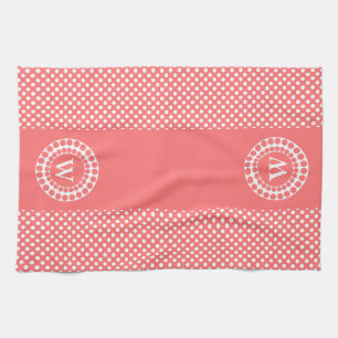 Stilvolle Coral & White Polka Dot Monogram Küchentuch