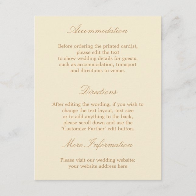 Stilvolle Creme Beige Wedding Details Card Begleitkarte (Vorderseite)