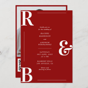 Stilvolle Crimson Red Monogram QR Code Wedding Einladung