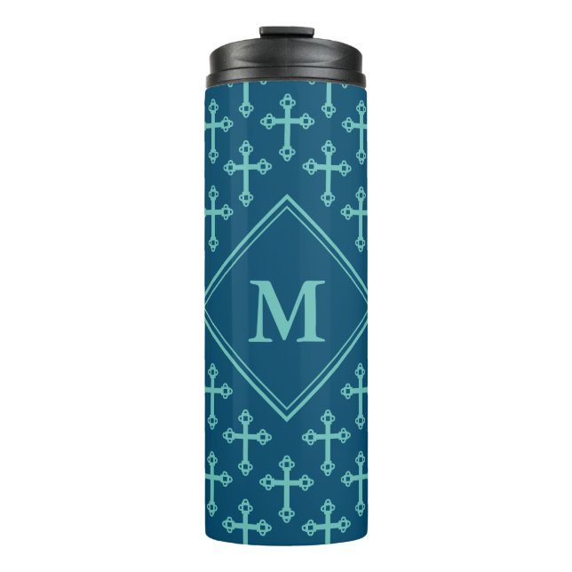 Stilvolle CROSS Monogram Ocean Blue Aquamarin Thermosbecher (Vorderseite)