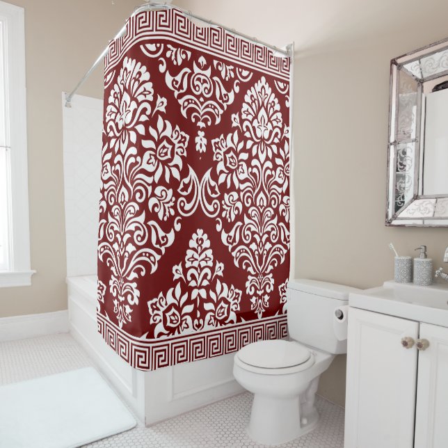 Stilvolle Deep Red Floral Damask griechischer Schl Duschvorhang (Beispiel)