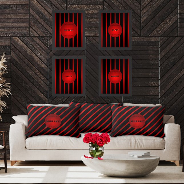 Stilvolle Diagonal Black Stripes Monogramm Name Lendenkissen (Vivid and modern, black and crimson diagonally striped personalized 13x21" lumbar pillows)