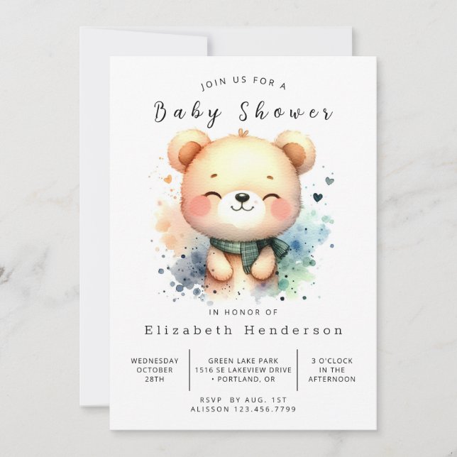 Stilvolle Digital Bear Baby Dusche Einladung (Vorderseite)