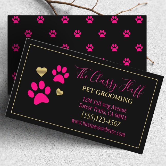 Stilvolle Dog Pet Grooming Paw Print Pink Black Visitenkarte (Von Creator hochgeladen)