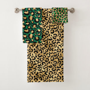 Stilvolle dunkelgrüne und goldene Folien-Leoparden Badhandtuch Set
