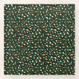 Stilvolle dunkelgrüne und goldene Folien-Leoparden Glasuntersetzer