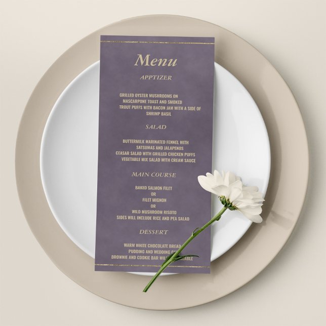 Stilvolle, dunkle Lava lilac gold Wedding Menu Programm (Stylish dark lavender lilac gold Wedding Menu)