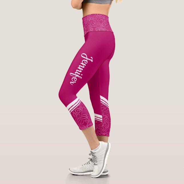 Stilvolle dunkle Magenta blorweiße Streifen und Na Capri Leggings (Links)