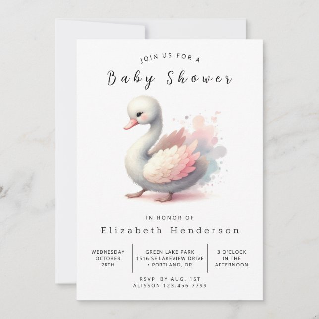 Stilvolle Editable Swan Baby Dusche Einladung (Vorderseite)