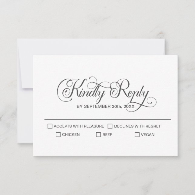 Stilvolle, einfache, graue TextWedding RSVP Karte (Vorderseite)