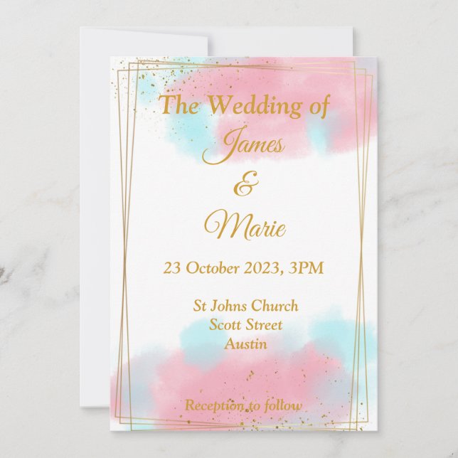 Stilvolle Einladung zur Hochzeit, rosa, blaues Was (Vorderseite)