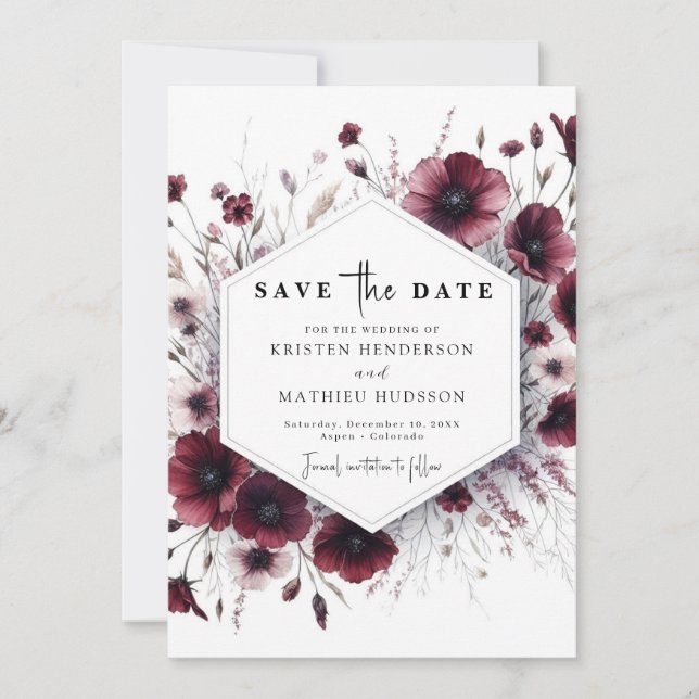 Stilvolle, einzigartige Burgundy Wedding Save The Date (Vorderseite)