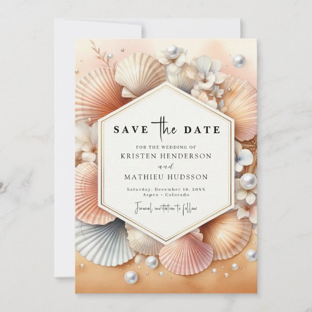 Stilvolle, einzigartige Strandhochzeit Save The Date (Vorderseite)