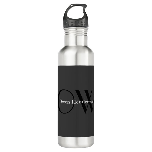 Stilvolle Einziges Grau-Schwarz-Monogramm Edelstahlflasche (Vorderseite)