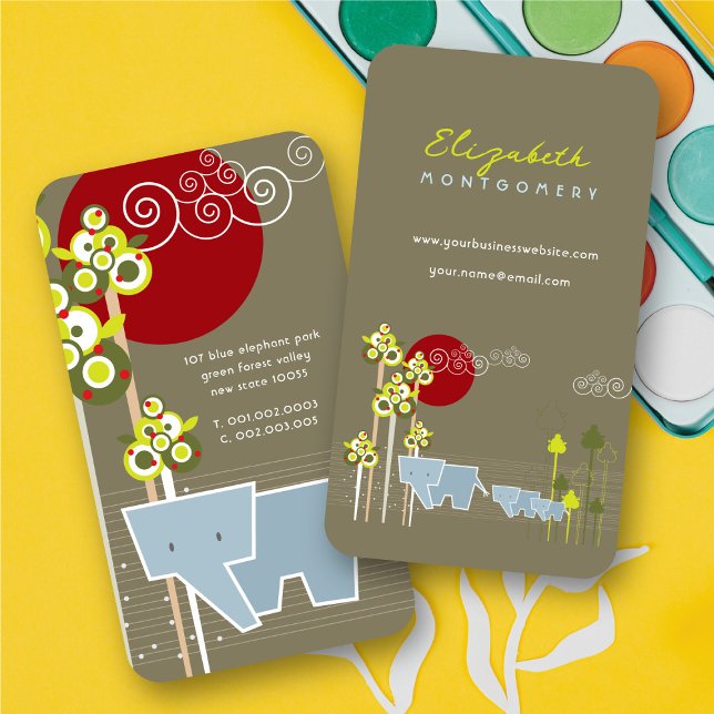 Stilvolle Elefanten-Familie in Wald & Rote Sonne Visitenkarte (Whimsical Stylized Elephant Family In The Forest & Red Sun Business Card @ fatfatin)