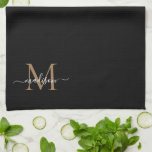 Stilvolle Elegant Black Gold Monogram Script Name Geschirrtuch<br><div class="desc">Modernes,  stilvolles elegantes Schwarzes Gold Monogram Script Name Küchentuch</div>
