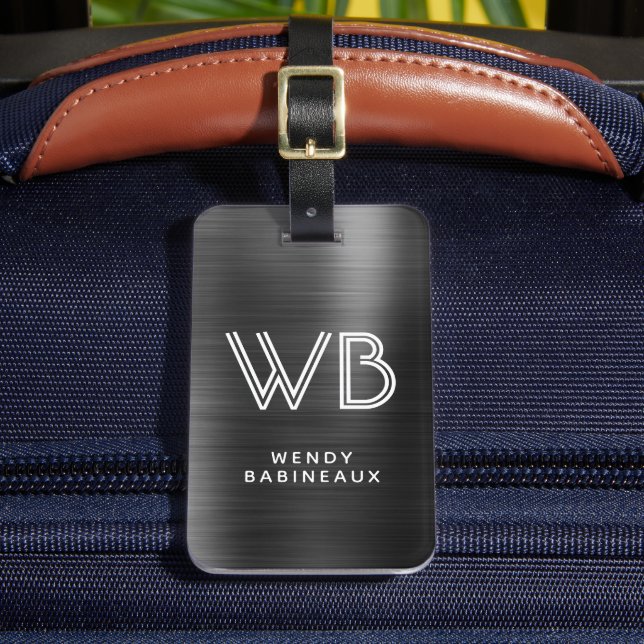 Stilvolle Elegant Black Metal Two Monogram Initial Gepäckanhänger (Vorderseite Insitu 2)