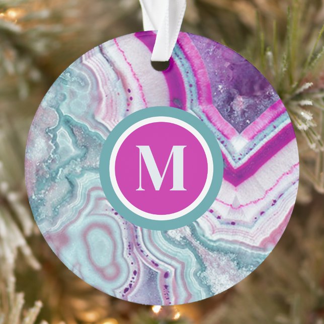 Stilvolle Elegant Initial Monogram Weihnachten Ornament (Modern Teal Magenta Pink Agate Initial Monogram Ornament)