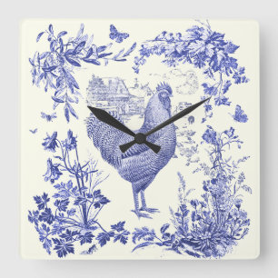 Stilvolle Elegant Vintag Rooster Blaues Blumenmuse Quadratische Wanduhr