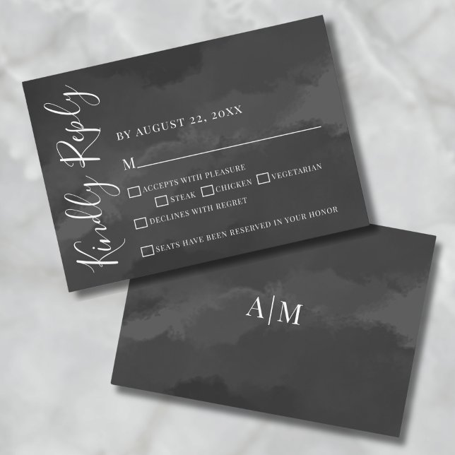 Stilvolle Elegant Watercolor Black Wedding RSVP Ca Karte (Stylish Elegant Watercolor Black Wedding RSVP Card)