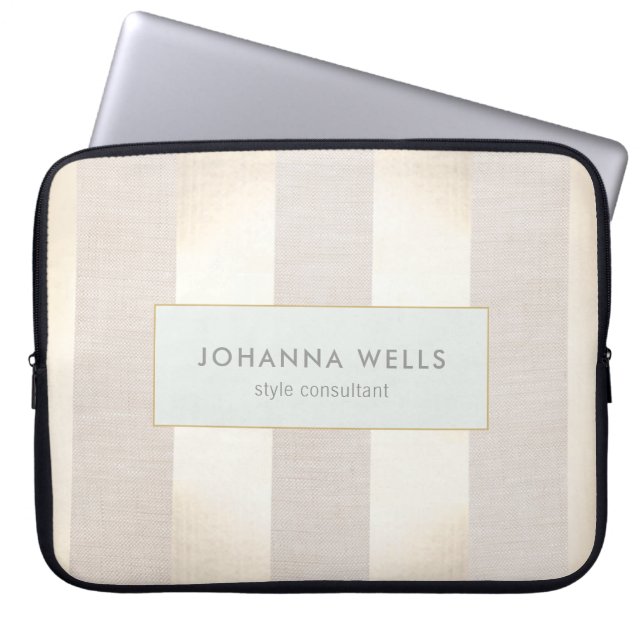 Stilvolle, elegante Beige Linen und Gold gestreift Laptopschutzhülle (Vorderseite)
