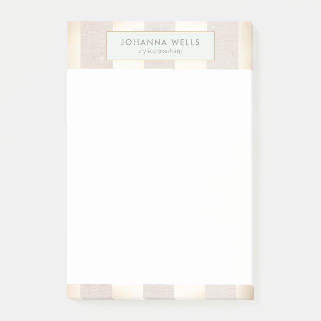 Stilvolle, elegante Beige Linen und Gold gestreift Post-it Klebezettel (Vorderseite)